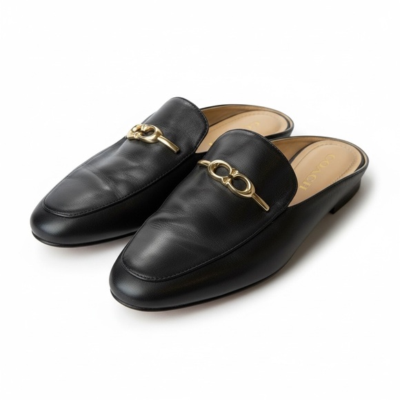 Coach Shoes - Coach Sienna Black Leather Mule Loafers Gold Hardware Slip-On Flats Size 6